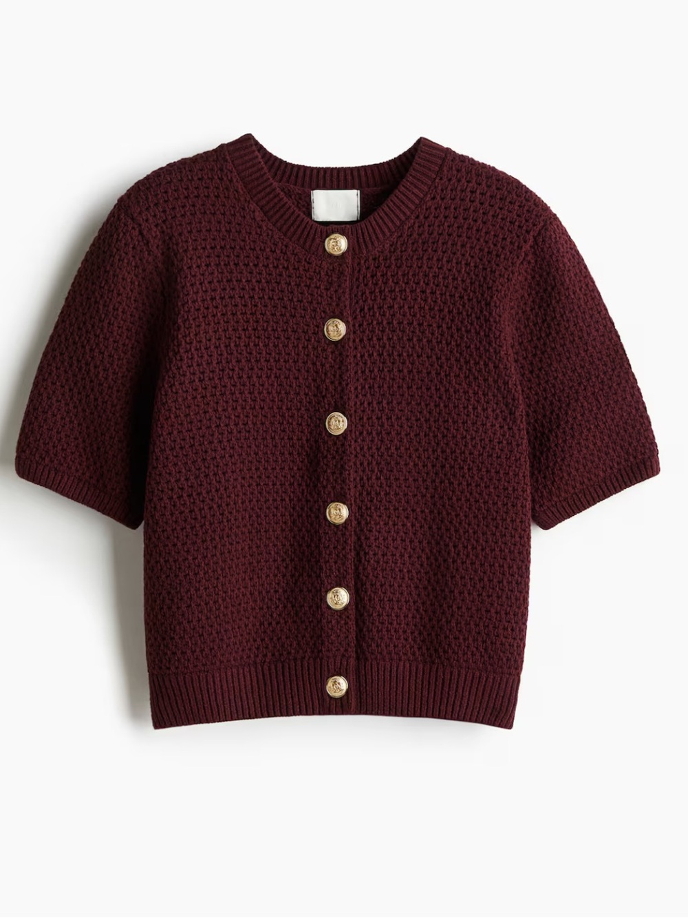 H&M Short-Sleeve Textured Knit Cardigan in Burgundy with Gold Buttons